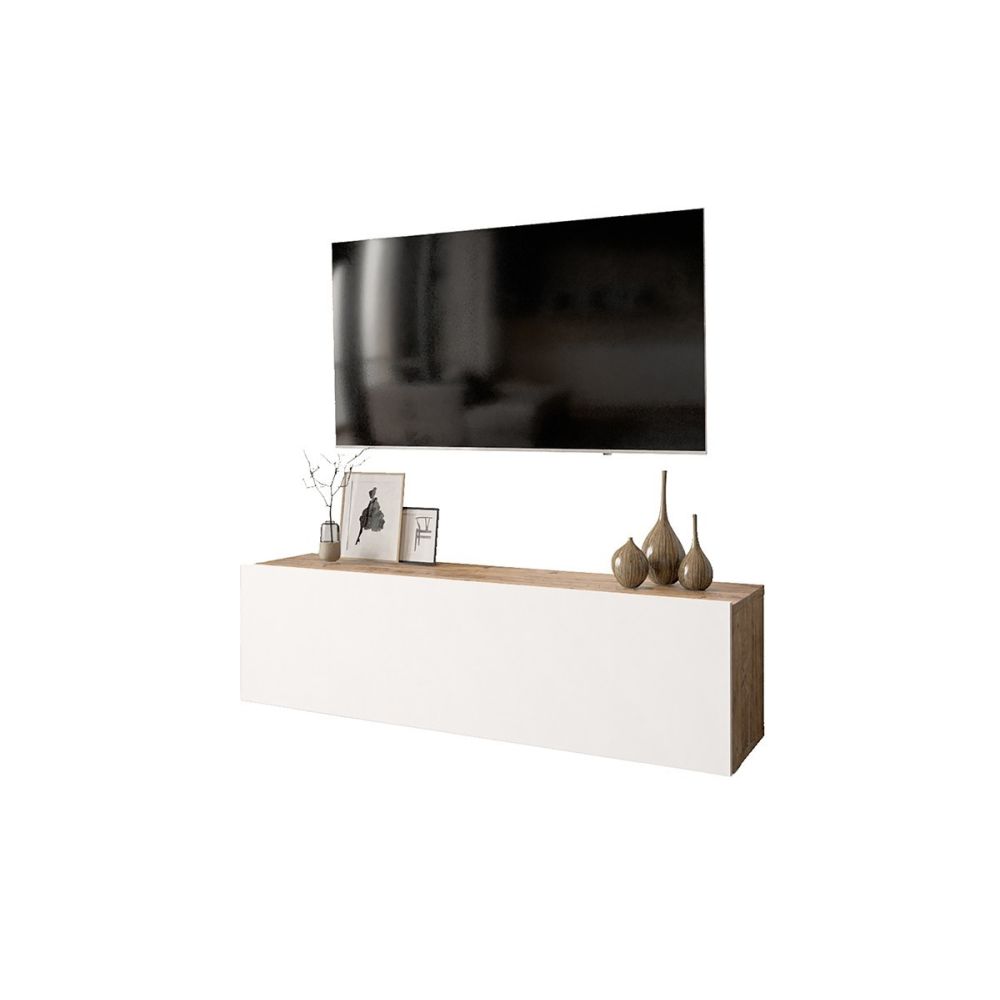 Mueble Mesa TV Moderno con Puerta en Melamina Color Blanco y Cambria 100x31.5x29.6cm - Diseño Elegante para Salón.