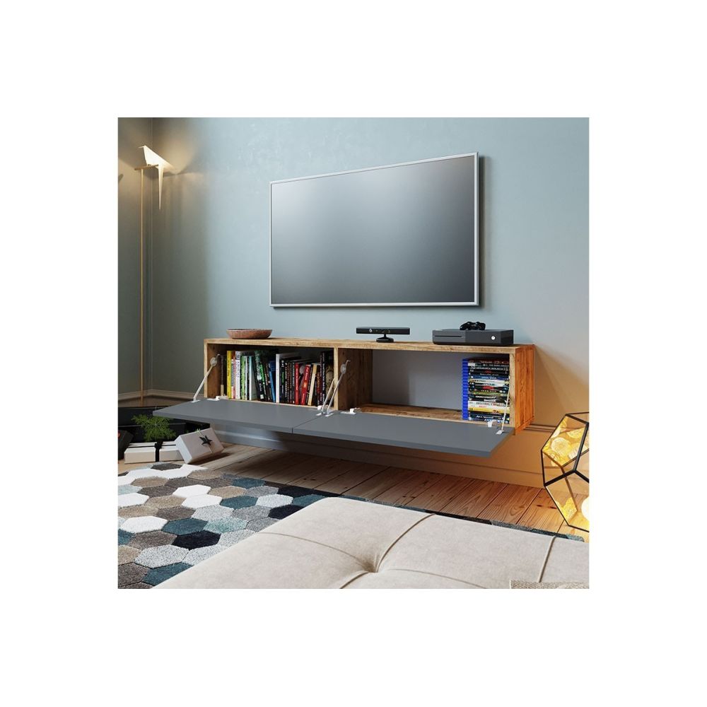 Mueble Mesa TV para Pared Color Antracita-Roble 140x31.5x29.5 cm - 2 Puertas Estilo Moderno.