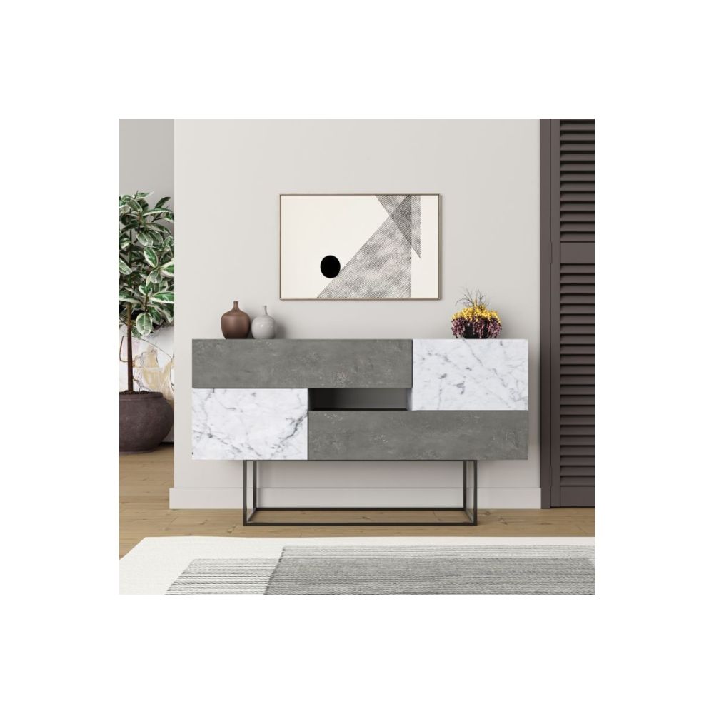 Buffet Moderno con Acabado en Mármol Gris Antiguo y Blanco, 145x40x82 cm, Patas Metálicas
