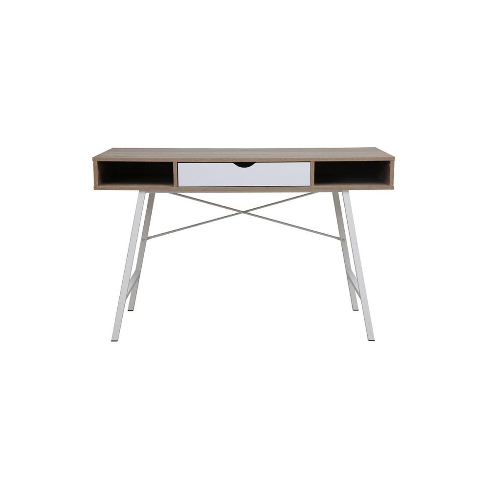 Mesa de Estudio y Trabajo con Cajones, Blanco y Roble, 120x48x76cm, Patas Metálicas - Moderna y Duradera
