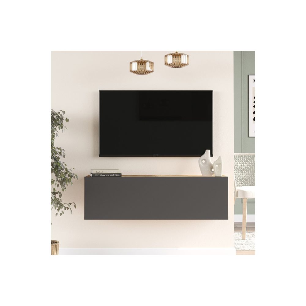 Mueble Mesa TV Moderno con Puerta en Melamina Color Antracita y Cambria 100x31.5x29.6cm - Diseño Elegante para Salón.