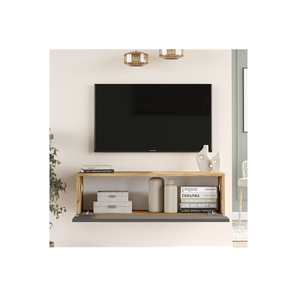 Mueble Mesa TV Moderno con Puerta en Melamina Color Antracita y Cambria 100x31.5x29.6cm - Diseño Elegante para Salón.