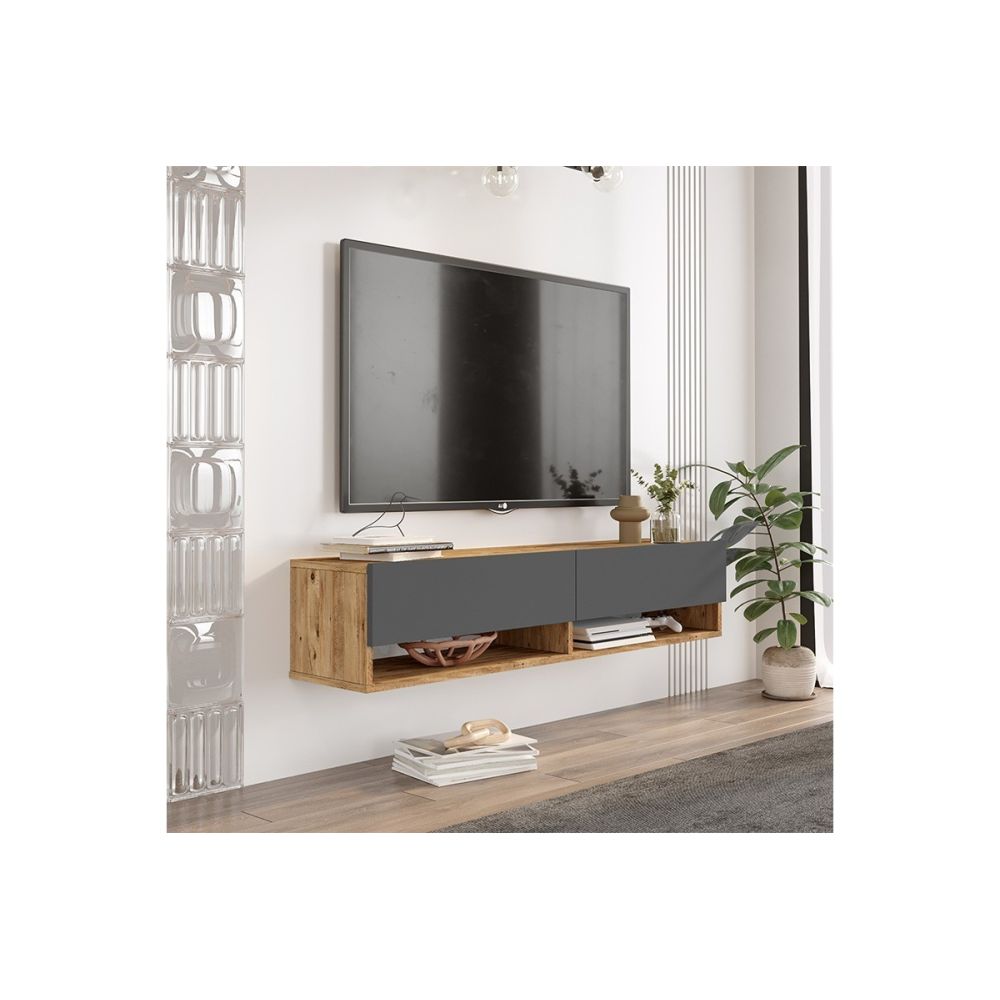 Mueble Mesa TV de Pared Color Antracita-Roble 140x31.6x29.6 cm - 2 Puertas - Estilo Moderno y Funcional.