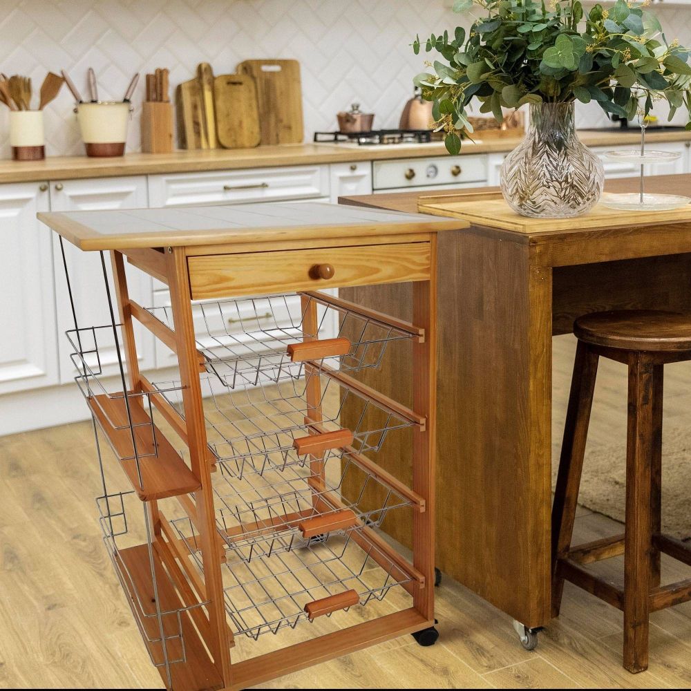 Carro Verdulero de Cocina con Botellero Lateral 57x37x82 Color Miel Oporto 5 - ¡Organiza tu Cocina!