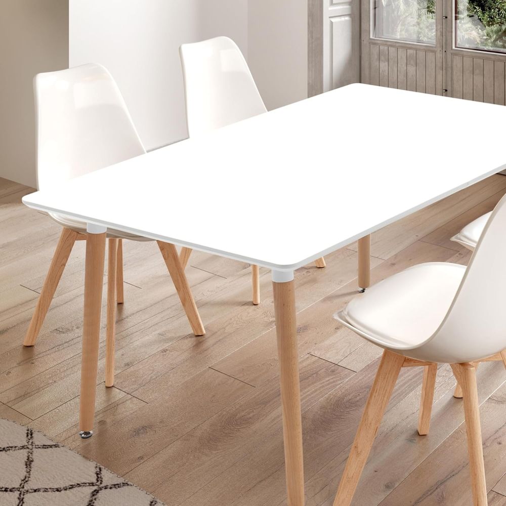 Pack de 4 Sillas para Comedor, Cocina o Salón – Simil Piel Blanca y Madera, Medidas: 48 cm x 45 cm x 84 cm.