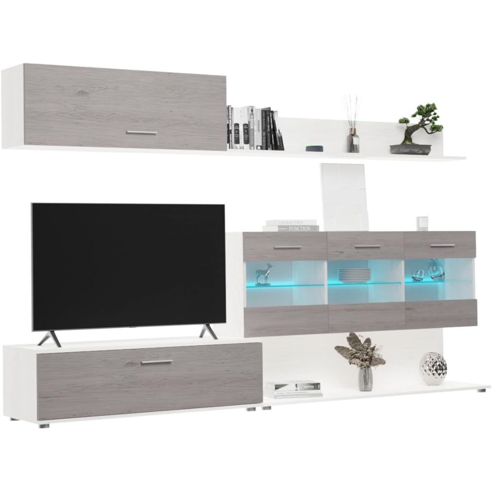 Mueble de Salón con Leds, Acabado en Andersen Pino - Gris, Medidas: 250 cm (Anc) x 115 cm (Al) 40 cm (Fon)