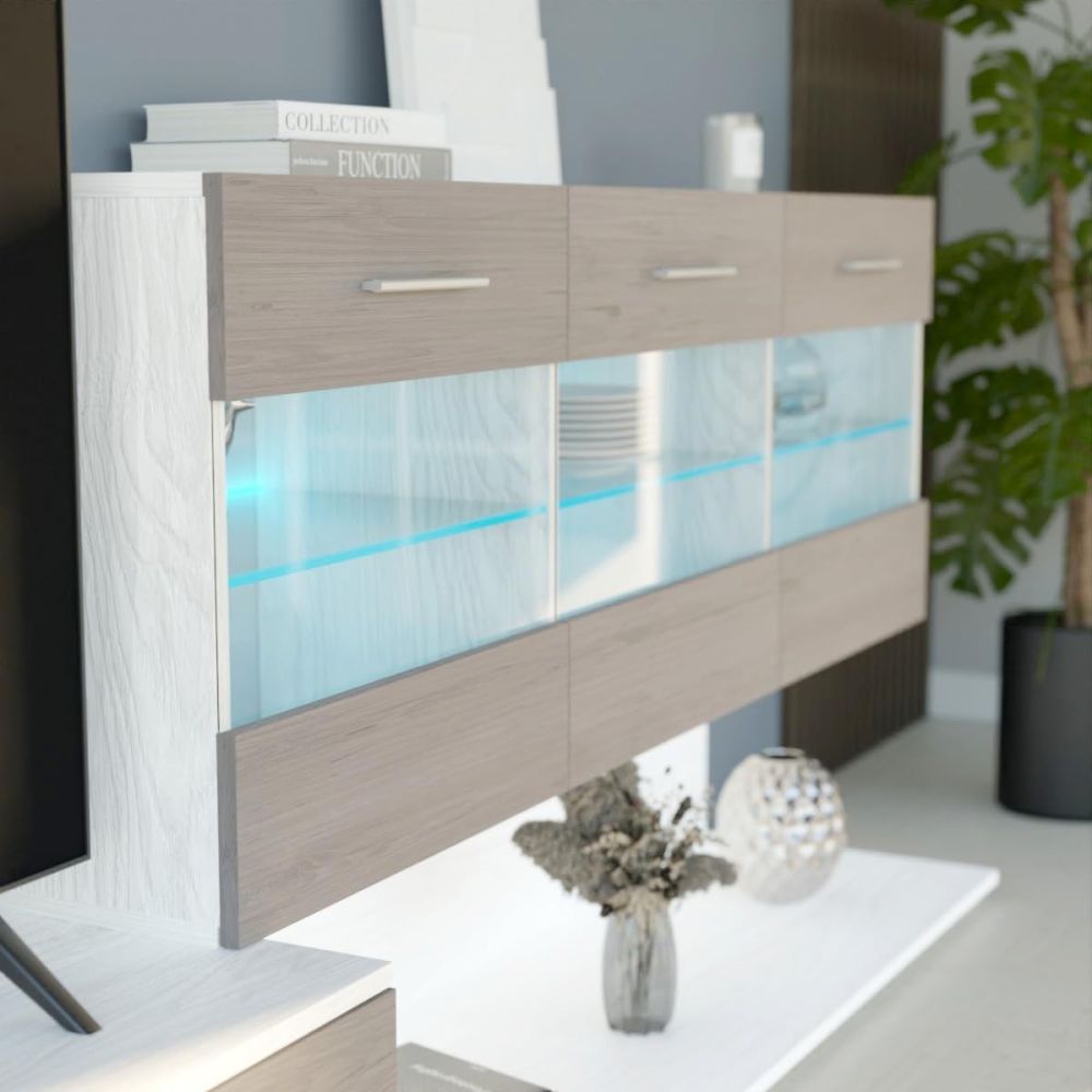 Mueble de Salón con Leds, Acabado en Andersen Pino - Gris, Medidas: 250 cm (Anc) x 115 cm (Al) 40 cm (Fon)