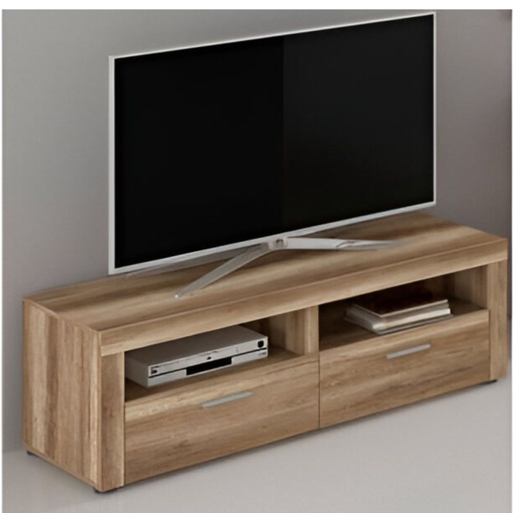 Mueble Mesa TV, Mesa de televisión 2 Puertas y 2 Estantes, Acabado en Cañon, Patas de Madera,135 cm Lar x 45 cm Al x 41,4 cm Fon