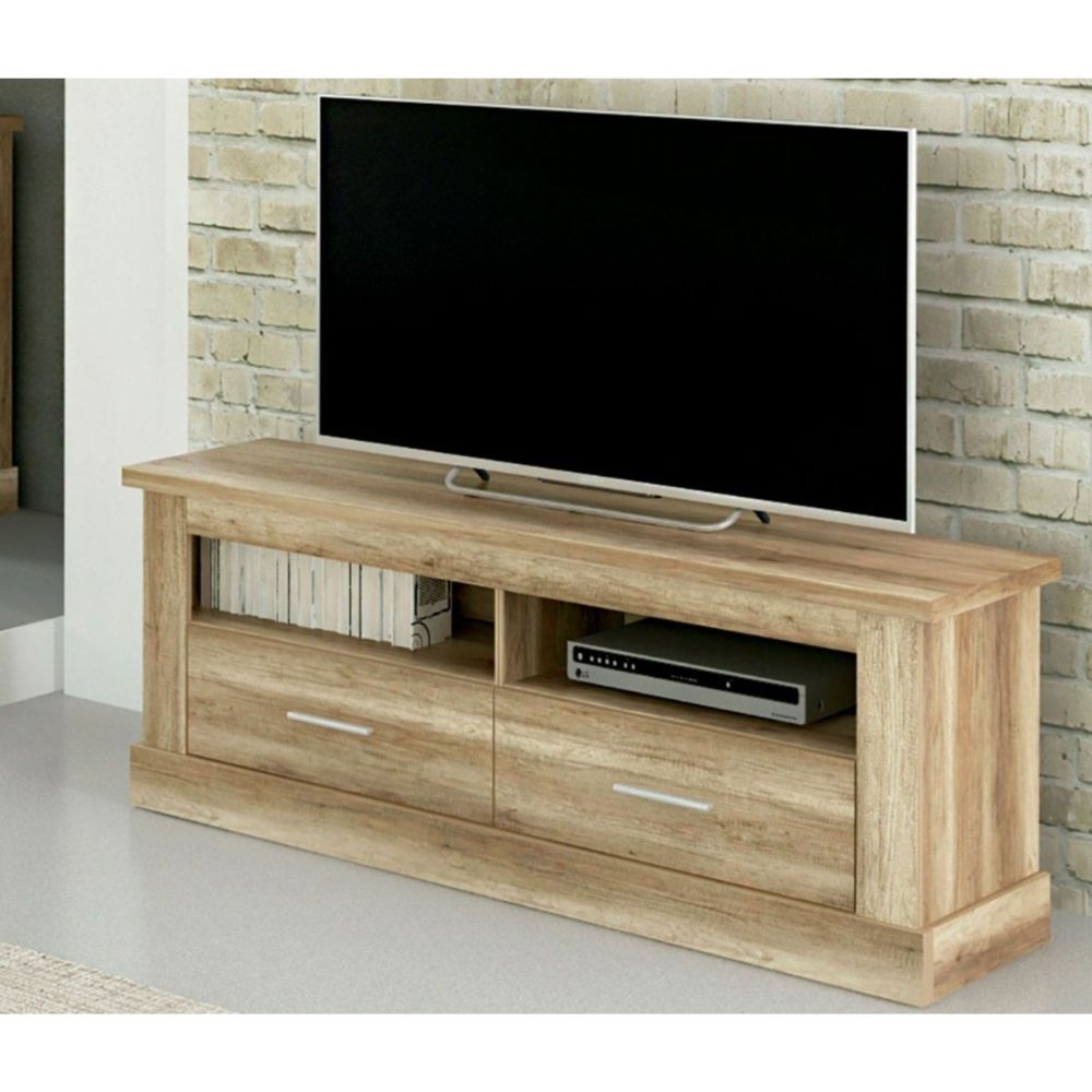 Mueble Mesa TV, Mesa de televisión 2 Puertas y 2 Estantes, Color Cañón, 135 cm Lar x 56,6 cm Al x 41,5 Cm
