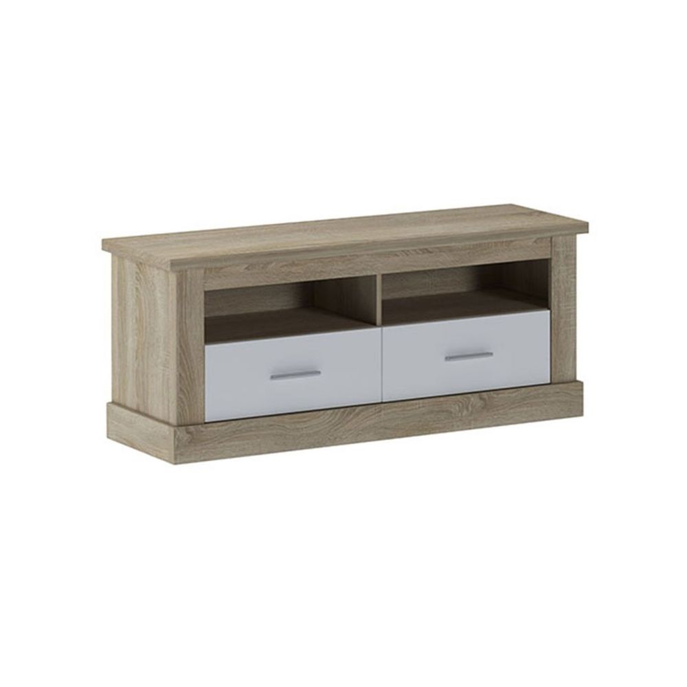 Mueble TV,Mesa de televisión 2 Puertas y 2 Estantes, Acabado en Cambria y Blanco, Patas de Madera, 135 cm Lar x 56,6 cm Al