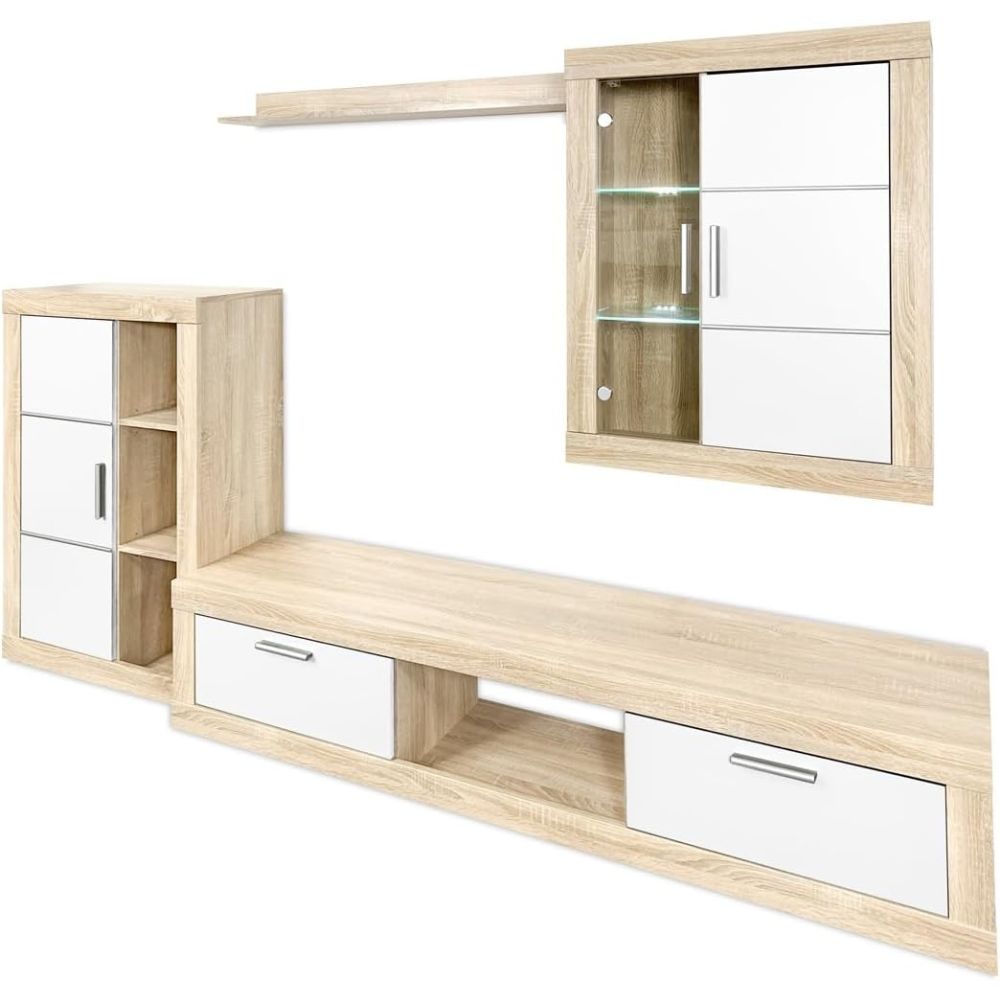 Meyvaser Mueble de salón y TV Moderno con Leds Color Cambria y Blanco Módulo de Comedor 259 Cm