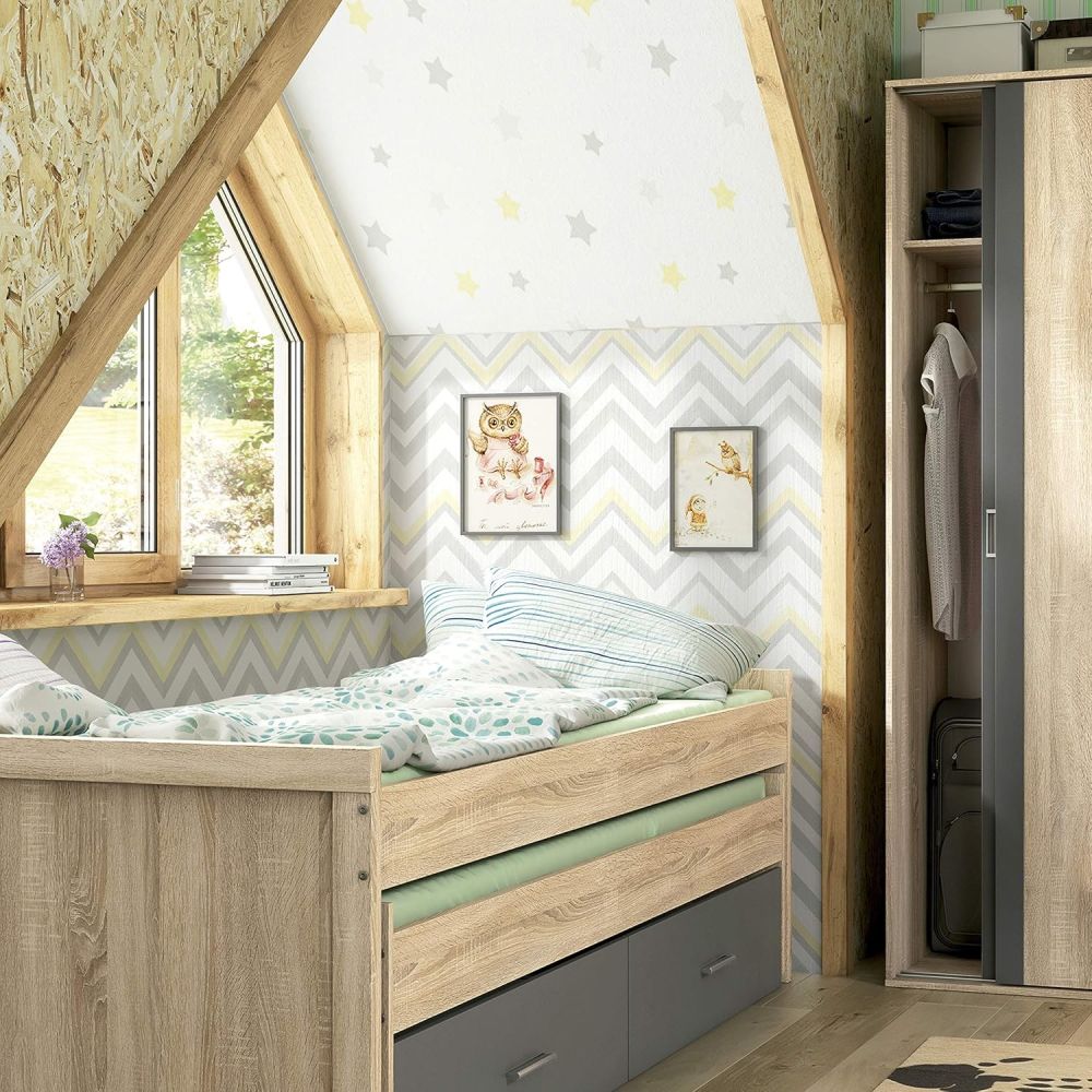 Cama Nido Juvenil con Dos Camas y Dos Cajones - Dormitorio en Cambria y Grafito - 200,5 x 98 x 72 cm