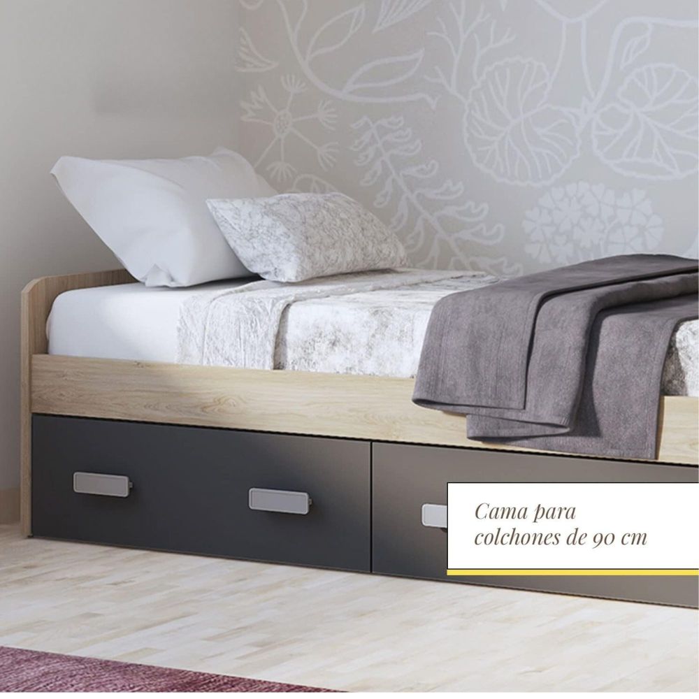 Cama Nido con 2 Cajones de Almacenaje – Puccini Grafito, 194,4 cm Largo x 98 cm Ancho x 58 cm Alto