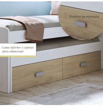Cama Nido Juvenil Doble con Cajones de Almacenaje – Blanco Veteado y Natural, 198.4 cm Largo x 98 cm Ancho x 72 cm Alto