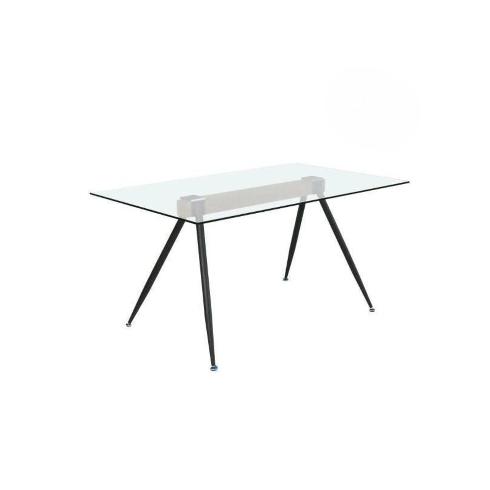 Mesa de Comedor de Cristal Templado - Patas Metálicas Negras y Travesaño de Madera | Diseño Moderno | 140x90 x 75 cm