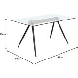 Mesa de Comedor de Cristal Templado - Patas Metálicas Negras y Travesaño de Madera | Diseño Moderno | 140x90 x 75 cm