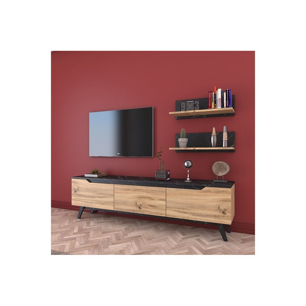 Mueble Mesa TV Completo en Melamina Color Roble y Negro, 180x35x48.5 cm, con 2 Estantes