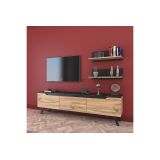 Mueble Mesa TV Completo en Melamina Color Roble y Negro, 180x35x48.5 cm, con 2 Estantes