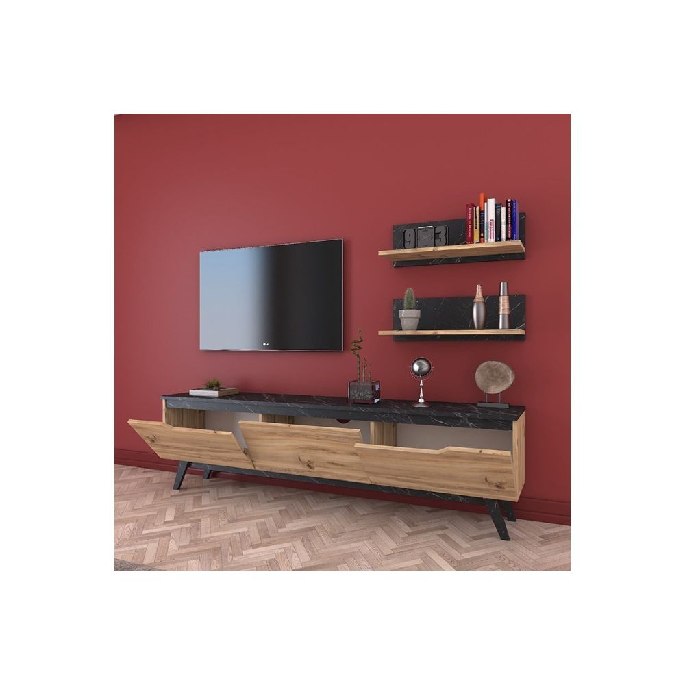Mueble Mesa TV Completo en Melamina Color Roble y Negro, 180x35x48.5 cm, con 2 Estantes