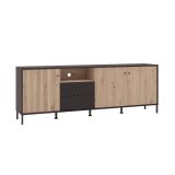 Mueble Mesa TV en Roble Artisan y Negro con 3 Puertas, 1 Hueco y 2 Cajones - Medidas 208x40x73,5 cm