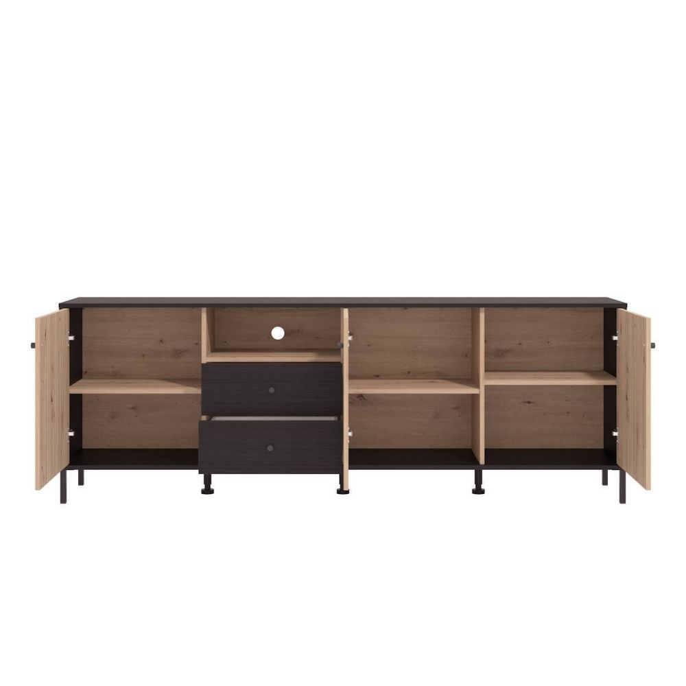 Mueble Mesa TV en Roble Artisan y Negro con 3 Puertas, 1 Hueco y 2 Cajones - Medidas 208x40x73,5 cm
