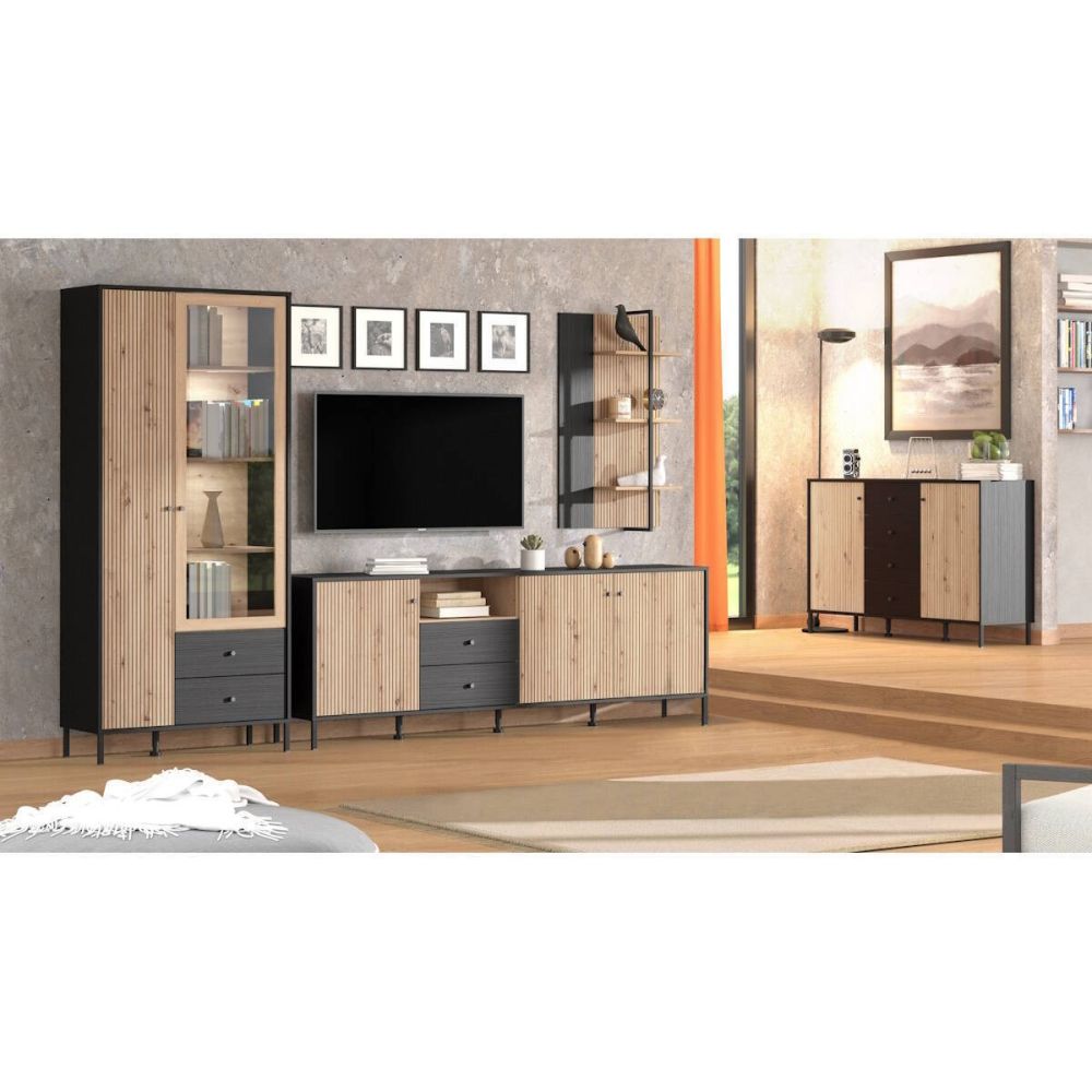 Mueble Mesa TV en Roble Artisan y Negro con 3 Puertas, 1 Hueco y 2 Cajones - Medidas 208x40x73,5 cm