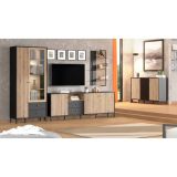 Mueble Mesa TV en Roble Artisan y Negro con 3 Puertas, 1 Hueco y 2 Cajones - Medidas 208x40x73,5 cm