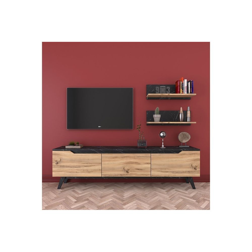 Mueble Mesa TV Completo en Melamina Color Roble y Negro, 180x35x48.5 cm, con 2 Estantes