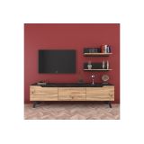 Mueble Mesa TV Completo en Melamina Color Roble y Negro, 180x35x48.5 cm, con 2 Estantes