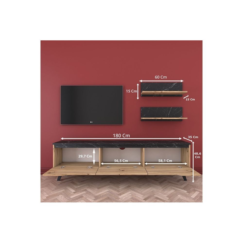 Mueble Mesa TV Completo en Melamina Color Roble y Negro, 180x35x48.5 cm, con 2 Estantes