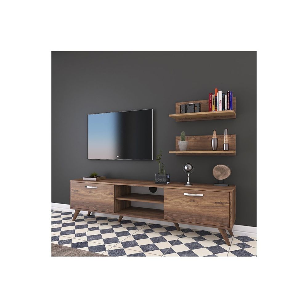 Mueble Mesa TV Completo en Melamina Color Nogal, 180x35x48.5 cm, con 2 Estantes