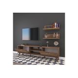 Mueble Mesa TV Completo en Melamina Color Nogal, 180x35x48.5 cm, con 2 Estantes