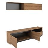 Mueble de TV de Diseño + Modulo Alto de Almacenamiento y 2 Puertas,Roble y Gris 85 cm(Alto) x 200cm (Ancho) x 40cm (Fondo)