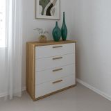 Cómoda con 4 Cajones, para Dormitorio, Acabado en Color Blanco y Roble, Medidas: 88 cm (Ancho) x 86 cm (Alto) x 48 cm (Fondo)