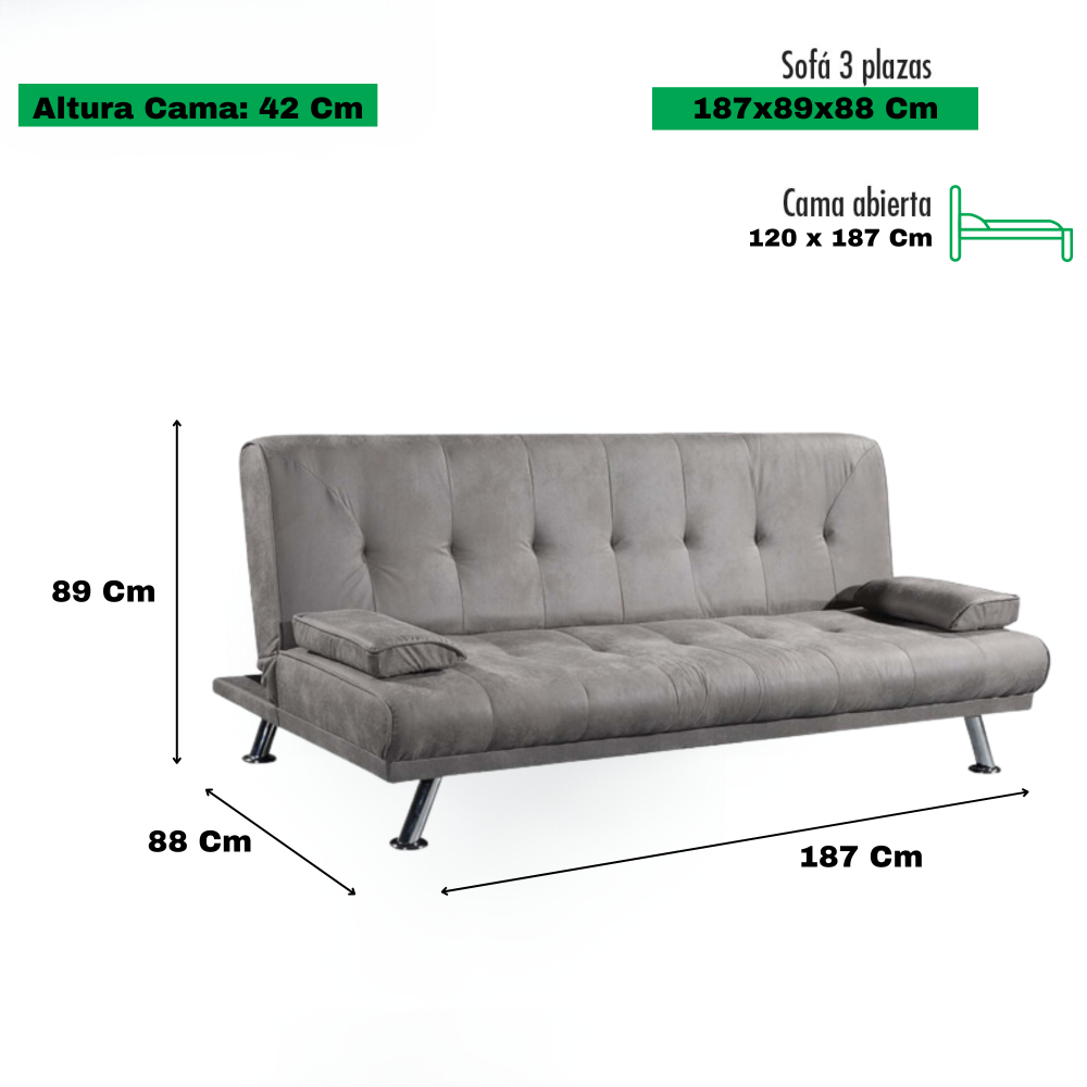 Sofá Cama 3 Plazas de Diseño Moderno con Cojines Decorativos, Estructura de Madera, Color Gris Cemento, 188x88x88 cm