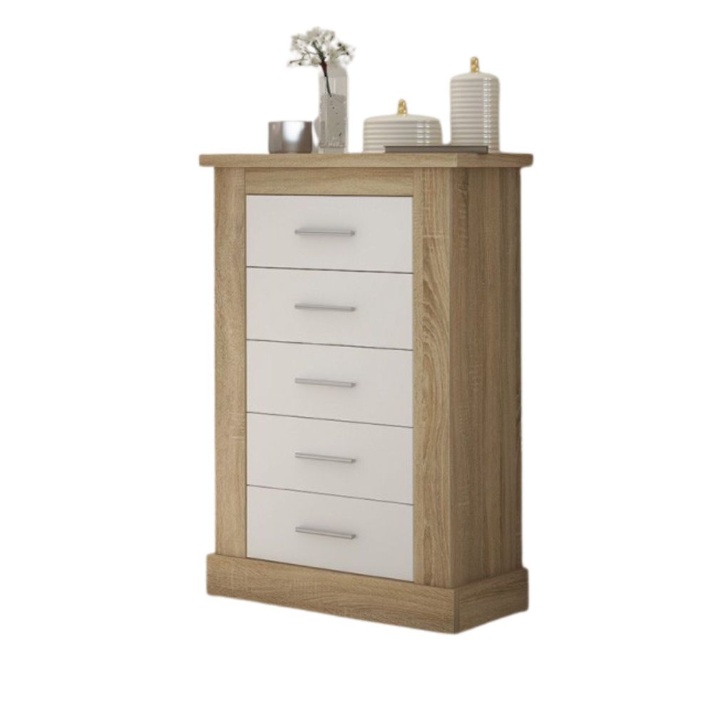 Cómoda, Sinfonier 5 Cajones, Acabado en Blanco y Cambrian, Medidas: 66 cm (Ancho) x 107 cm (Alto) x 39,6 cm de (Fondo)
